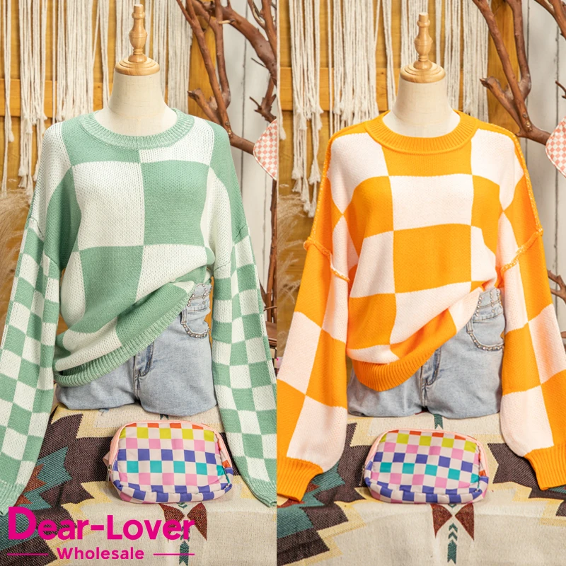 Dear-Lover OEM ODM Custom Wholesale Fashion New Winter Crew Neck Pullover Checkered Knit Women Oversized Sweater