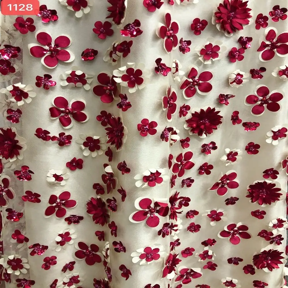 Factory Direct Sale 3D Flower Embroidery Leaf Lace Fabric Fancy Comfortable Wedding Lace Fabric