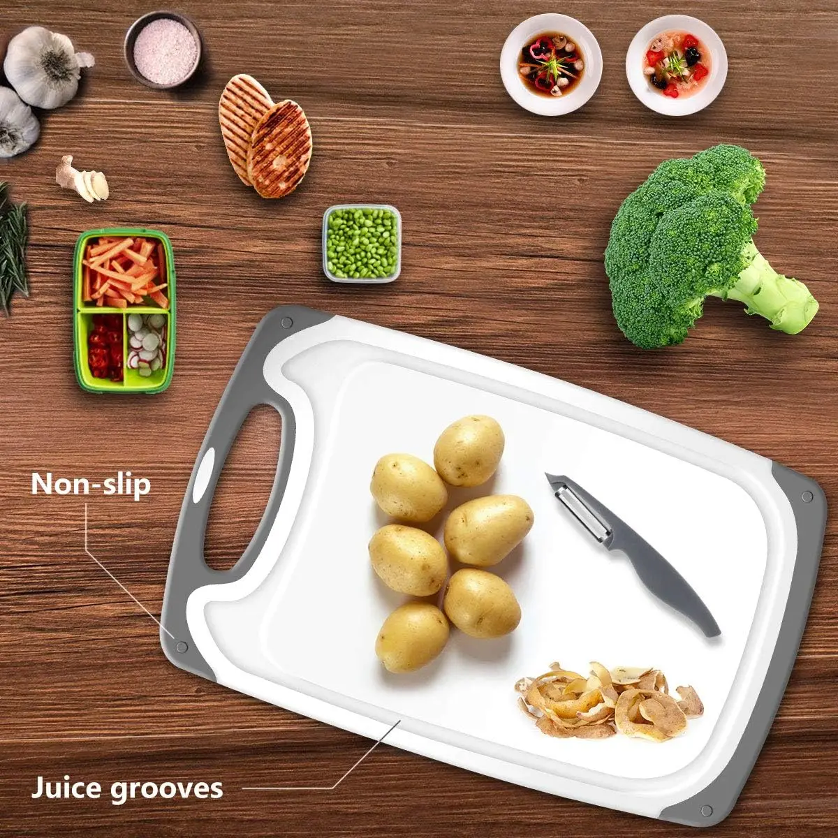 Easy Grip Handle Deep Juice Groove Plastic Cutting Board Set for Camping & Kitchen Vegetable Chopping Board