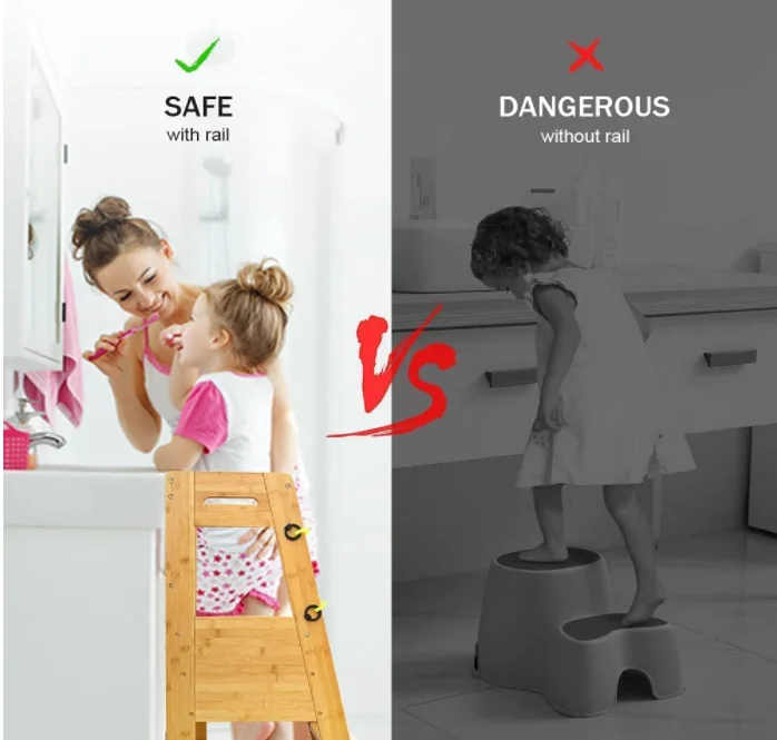 Kitchen Helper Stool for Toddlers, Bamboo Kids Learning Standing Step Tower with Adjustable Heights Platform and Safety Belt
