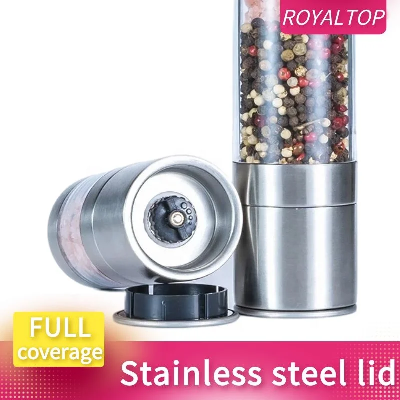 Kitchen Cooking Gadgets Ceramic Stainless Steel Manual Sea Salt Mill & Black Pepper Grinder Set with 2-in-1 Acrylic Spice Bottle