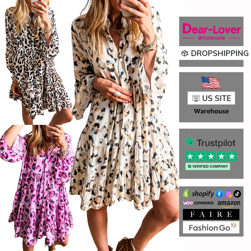 Dear-Lover Wholesale High Waist V Neck Buttoned Front 3/4 Sleeve Tiered Ruffled Hem Leopard Fashion Shirt Mini Dresses Women
