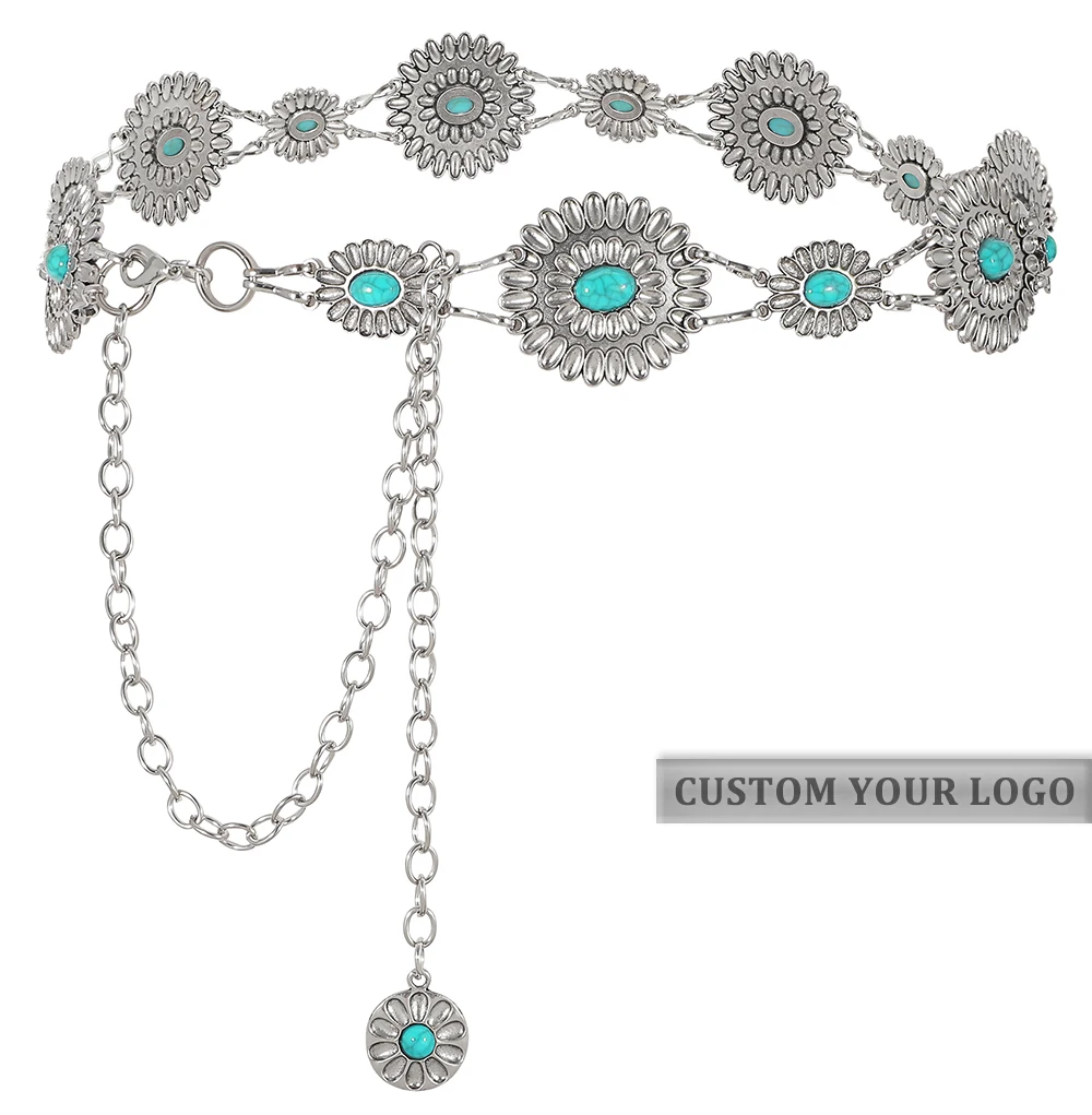 Western Turquoise Stone Chain Belts National Style Concho Pattern Design Adjustable Vintage Decor Chain Belt
