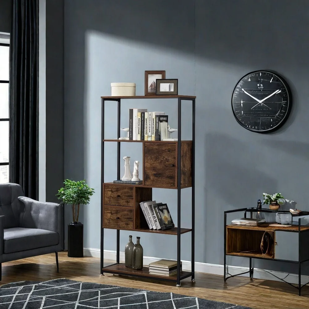 Modern Industrial Storage Rack Steady Metal Frame Cabinet Wooden Bookshelf 4 Tiers Bookcases