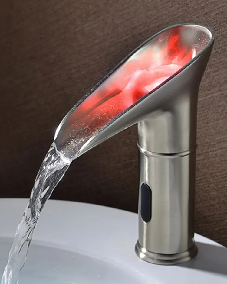 
Luxury Glass Waterfall Basin Faucet Automatic sensor faucet with beautiful LED light brass material with AC DC 