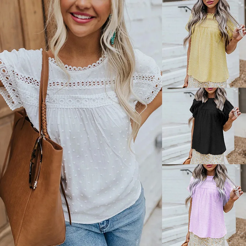 European And American Round Neck Shirt Lace Crochet Pompom Short Sleeve Casual Tops