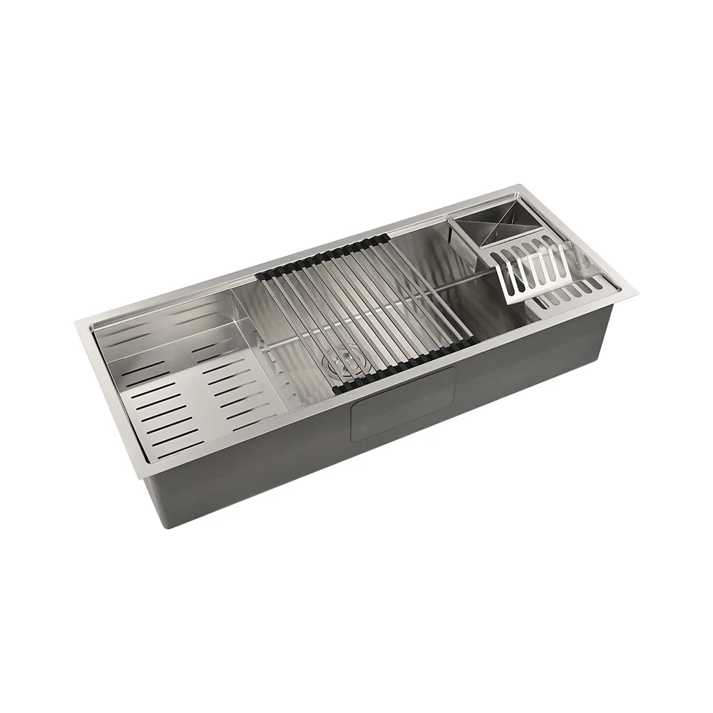 large double tier handmade kitchen undermount channel sink single bowl with drying dish accessories