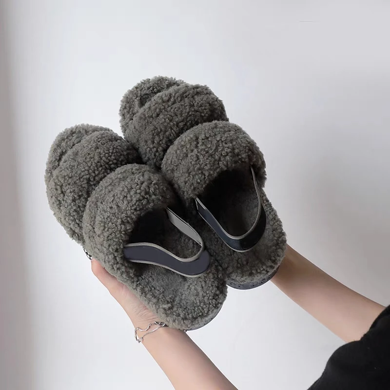 Wholesale women sheepskin fur lined slippers soft slides for women winter warm women sandals