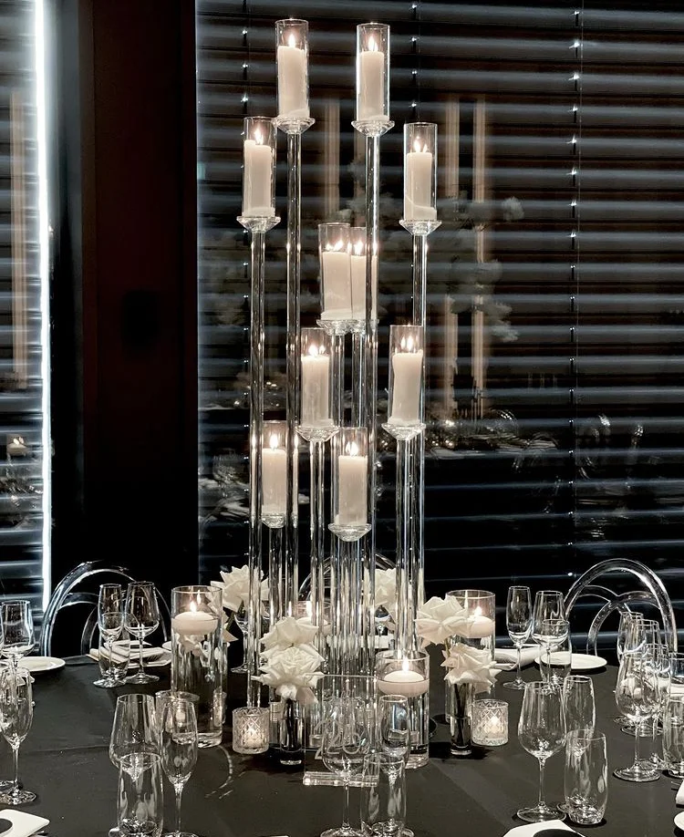 Wedding Centerpiece Clear Crystal Cluster Round Candelabra Glass Tube Candle Holder 10 Arms