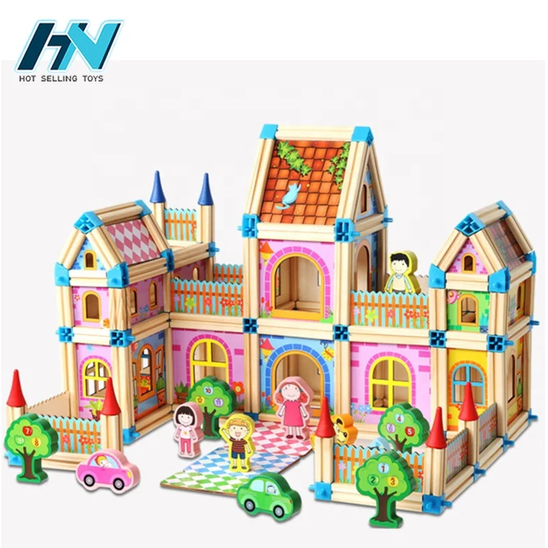 Kids education assembled creative wood model diy house 268pcs wooden toys building blocks