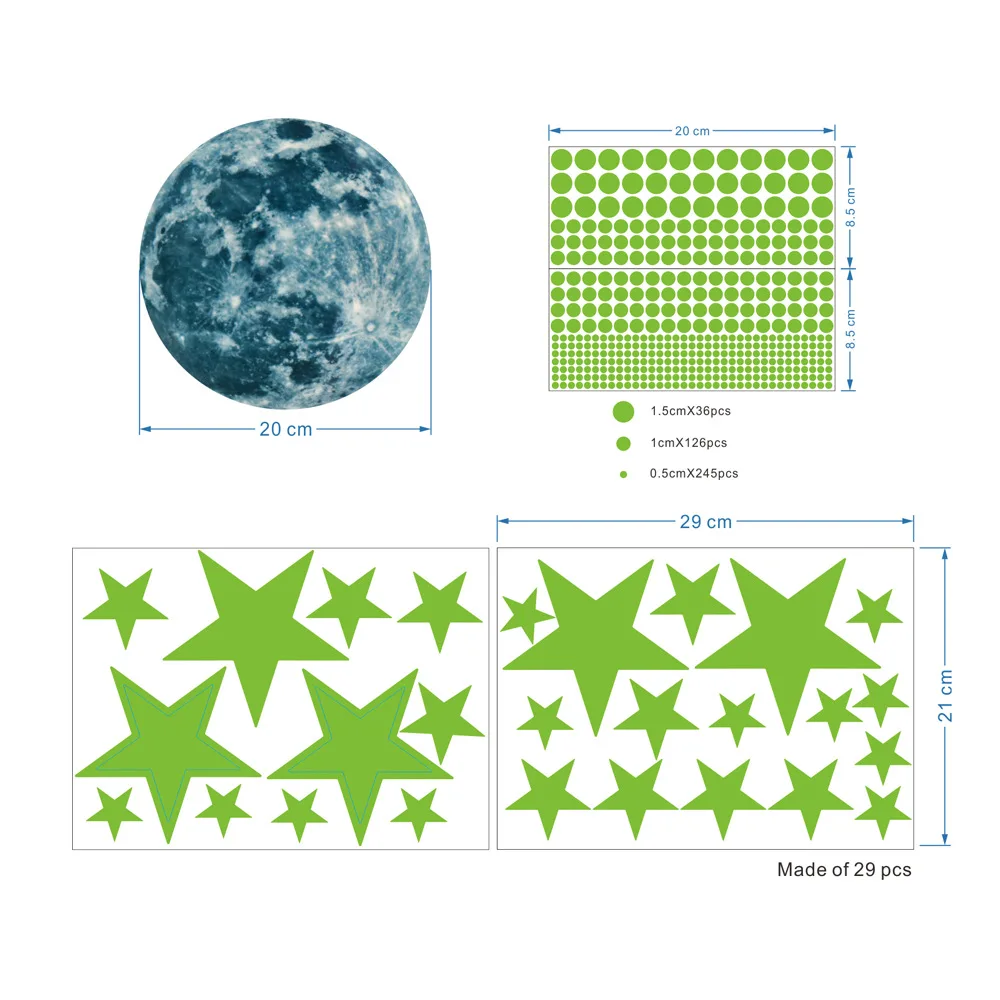 
Custom Fluorescence Luminous Kids Room Moom and Srars Glow in The Dark Wall Stickers 