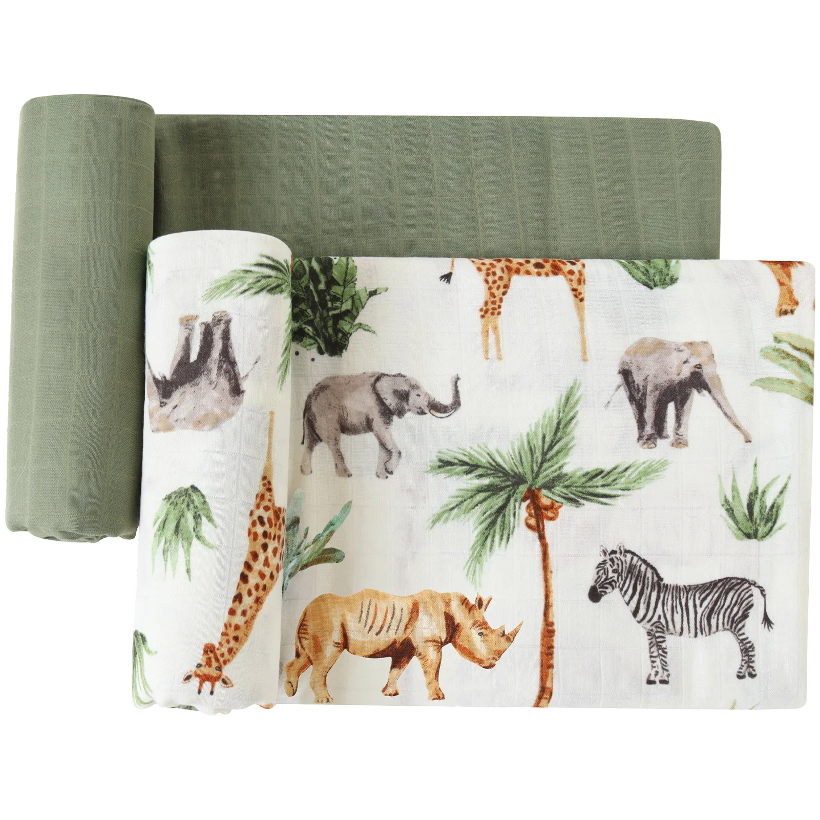 2022 Unisex Baby Muslin Swaddle Blanket Organic Bamboo Cotton 47*47 inches Safari Printed Soft Newborn Wraps Set