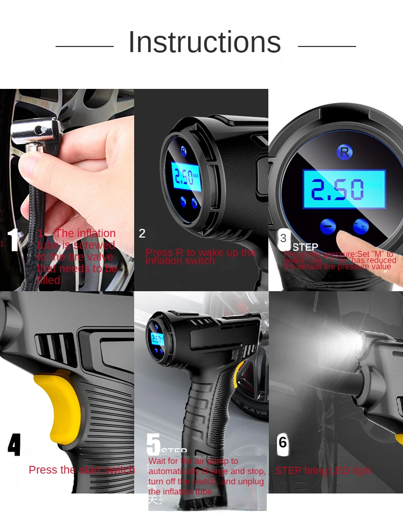 Car Portable Cordless Electric Air Pump Multifunctional Car Tire Inflator Auto Stop Air Pump Car Air Compressor