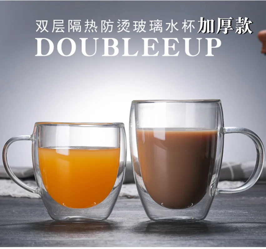 High quality Glass double layer mug with handle tea coffee mug Hot Insulated Glass Mug