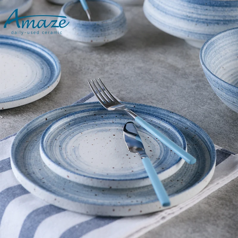 Wholesale nordic style hand painted blue ceramic kitchen dinner set dinnerware tableware set for restaurant home