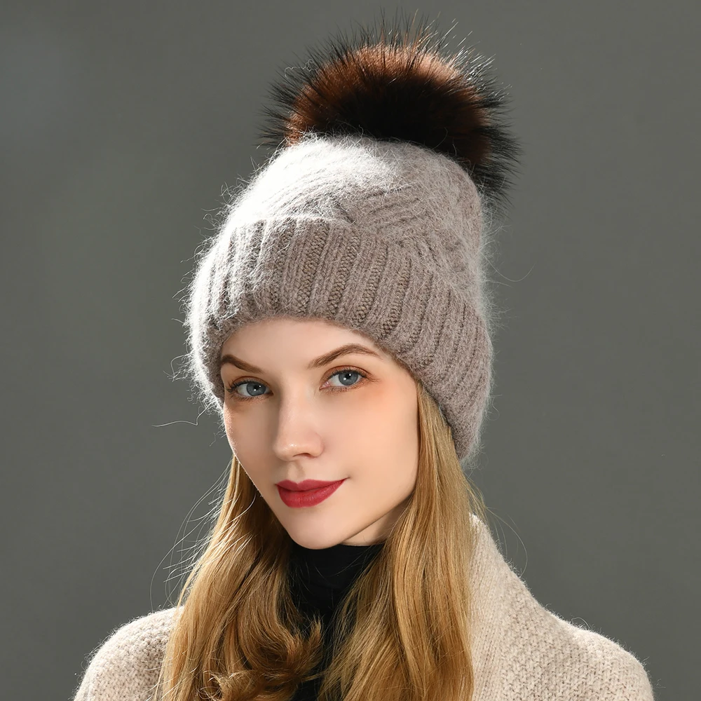 Winter Women Ladies Wholesale Cashmere Knitted Beanie Plain Custom Beanie Hat with Real Raccoon Fur Pom Pom Ball