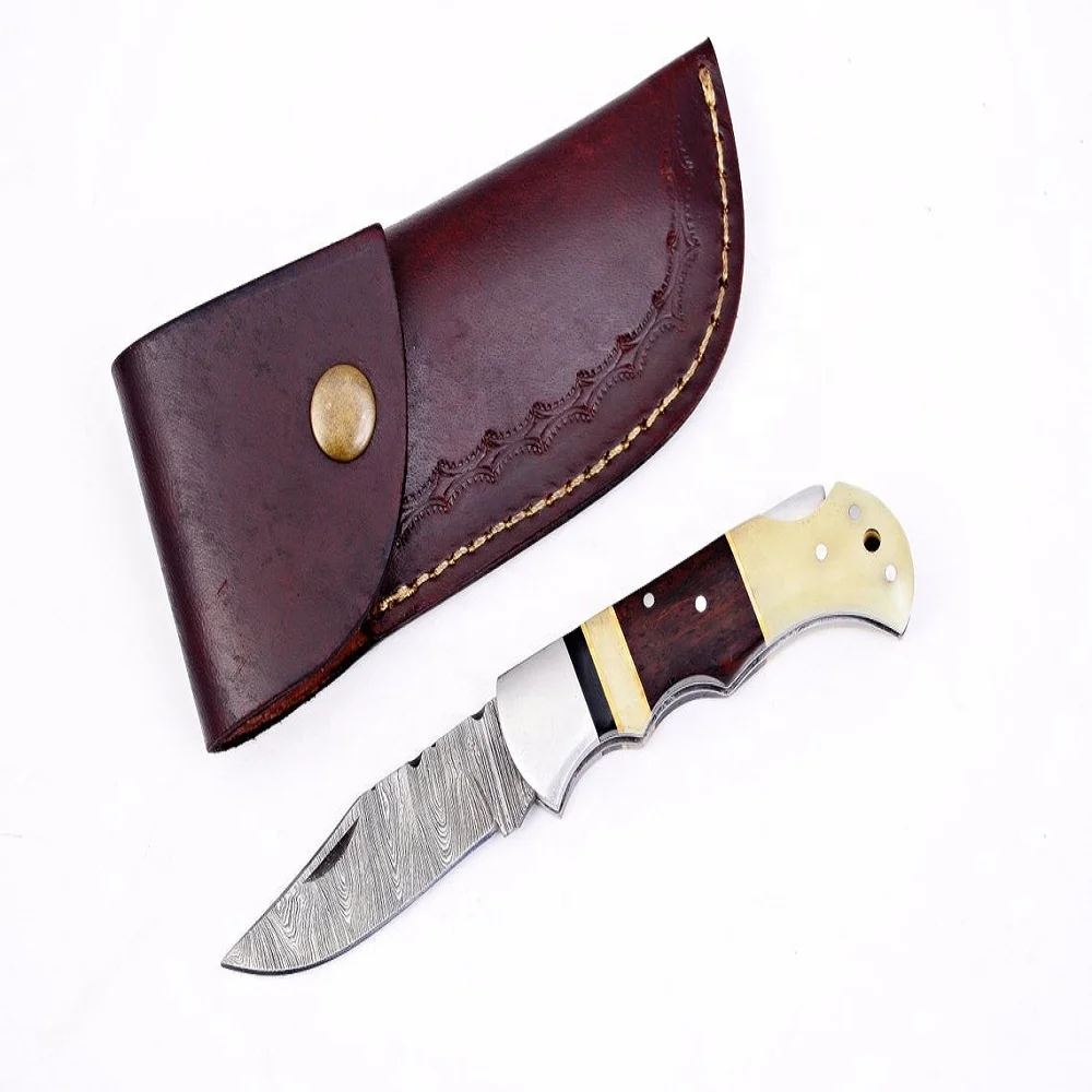 Складной нож ручной работы из дамасской стали на заказ, Универсальный нож с острым краем в кожаном футляре и ручкой в виде кости (AR1241)