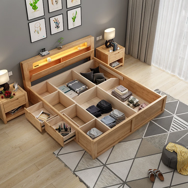 Frame Structure Modern Design Double Wooden Bed Frame Furniture Modern Beds With Storage
