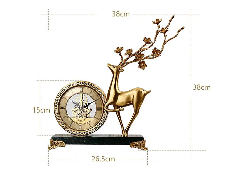 Modern Home Decor Metal Plum Deer Statue Art Desk Table Clocks Brass 3D Desktop Deer Gold Clock
