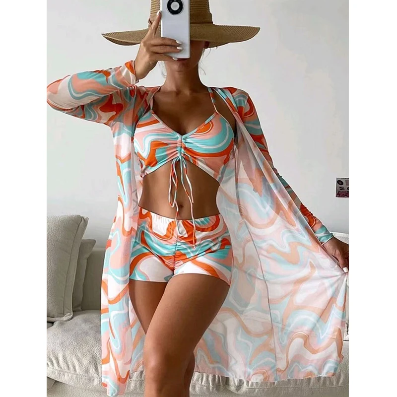 2024 Sexy Summer Mesh See Through Beach Wear Cover Ups Women Swimwear Swimsuit Beach Wear Cover Up Three Piece Bikini Set