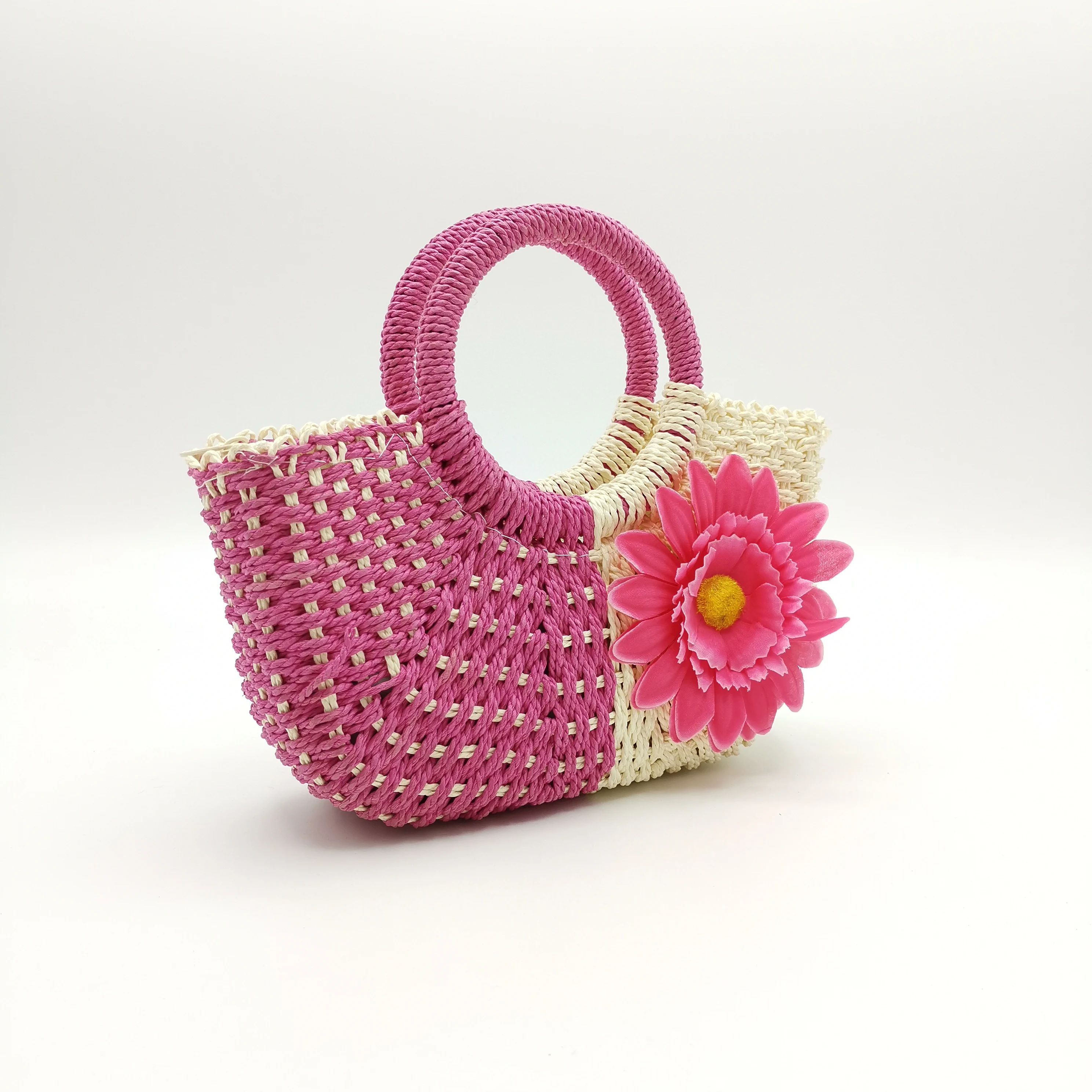Mini Straw Tote Bag Summer Beach Bag Handmade Straw Woven Handbag with Flower for Kids