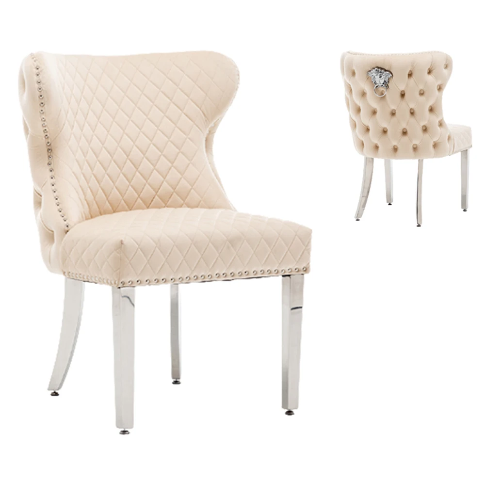 Luxury fabric tufted back stainless steel metal dining chair with back knocker