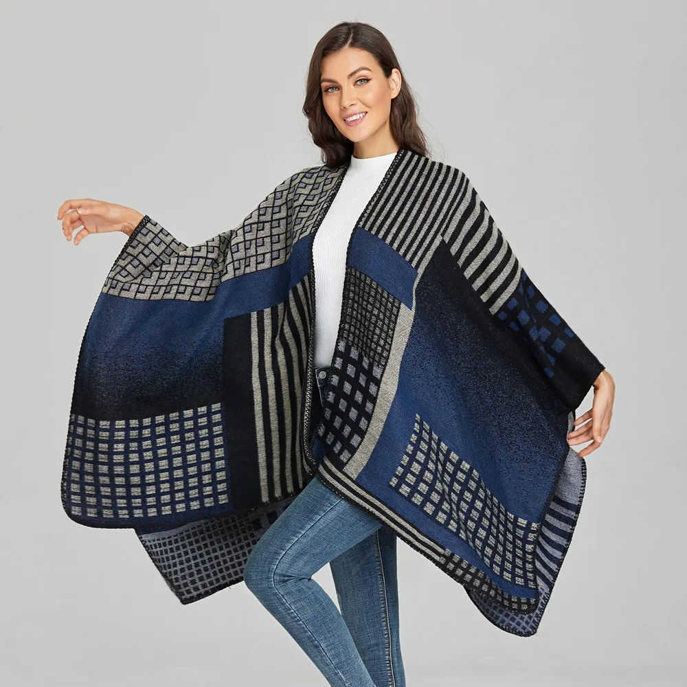 2022 New Arrival Tassels Oversized Style Lady Wrap Poncho Cape Multi Color Scarf Thick Oversized Fall Winter Woven Cardigan Ponc
