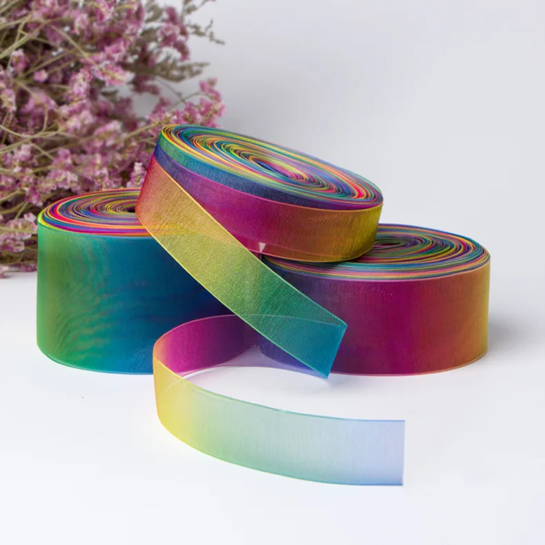 Rainbow ribbon 0.3-7.5cm thermal transfer colorful gradient transparent snow yarn ribbon