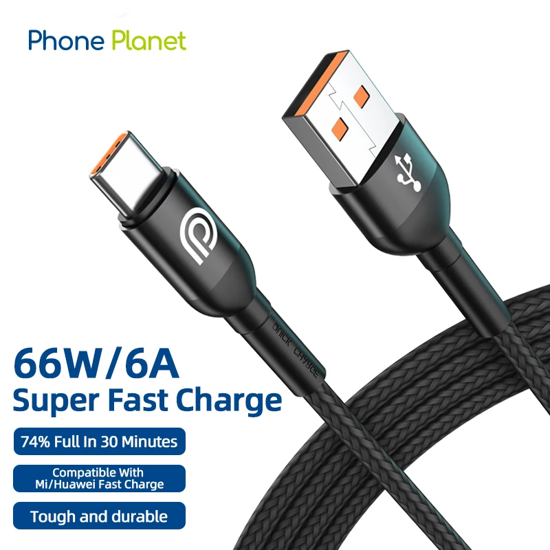 Phone Planet USB Mobile Phone Charger Type C Cable Black Braided 1M Super Quick Fast Charging Data Cable For Android Cell Phones