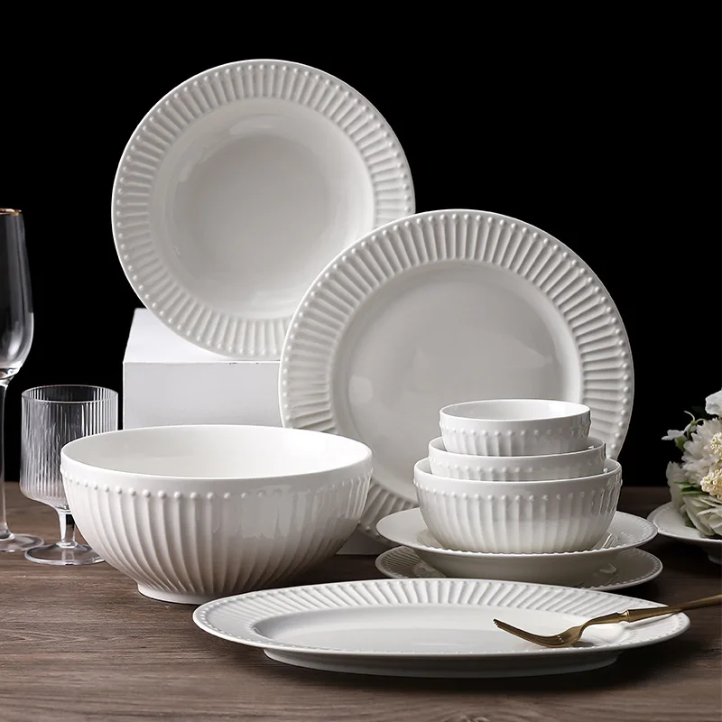 Hot sale white embossed ceramic dinnerware set tableware porcelain homeware dinner set