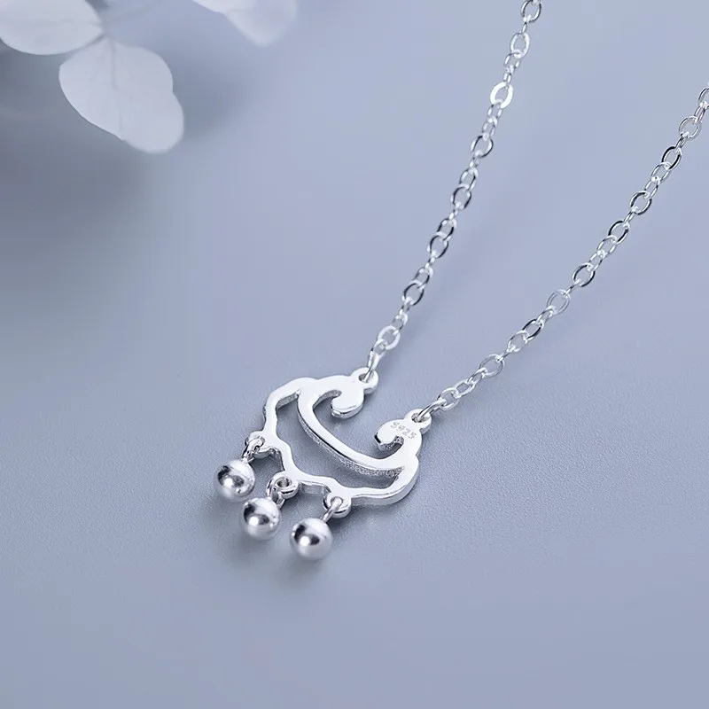 Long Life lock necklace 925 silver Korean version silver beads tassel pendant female hollow safety lock fashion necklace