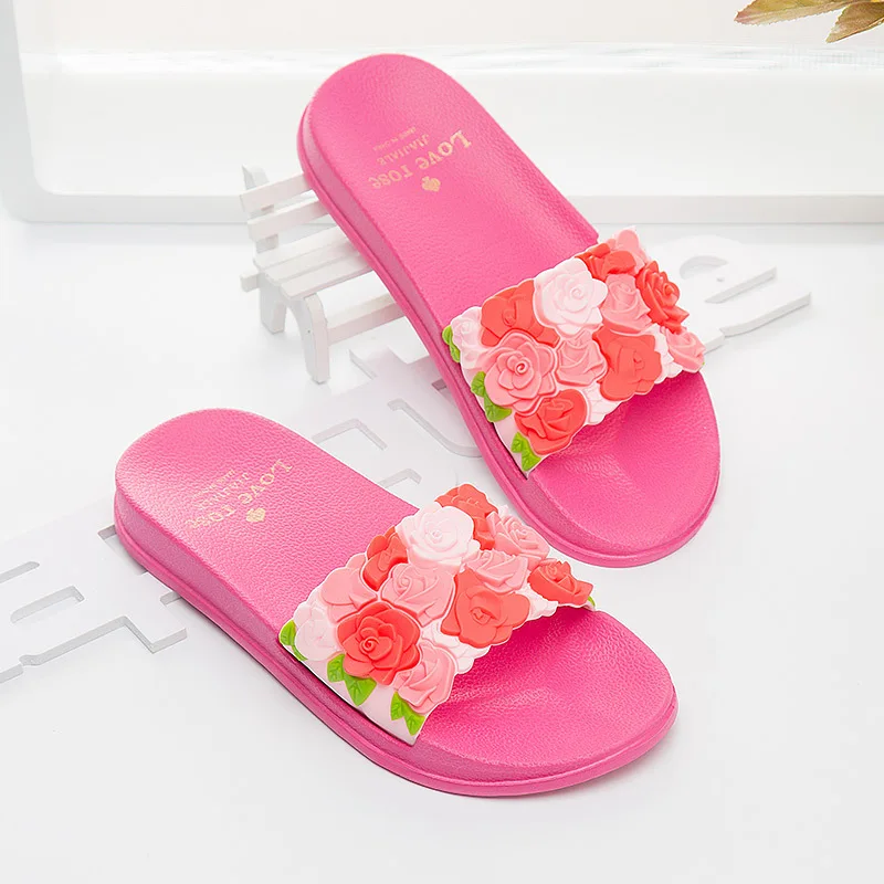 Beautiful Rose Flowers Slippers For Women Fashion Summer Plastic Outdoor Beach Female Slide Flat Slippers Shoes Wholesale