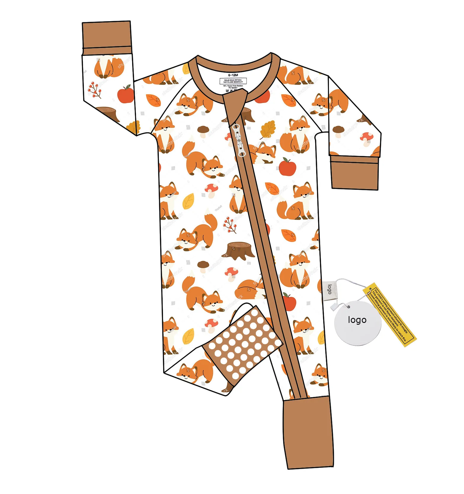 Latest design lovely autumn foxes pattern long sleeve bamboo cotton double zipper baby clothes