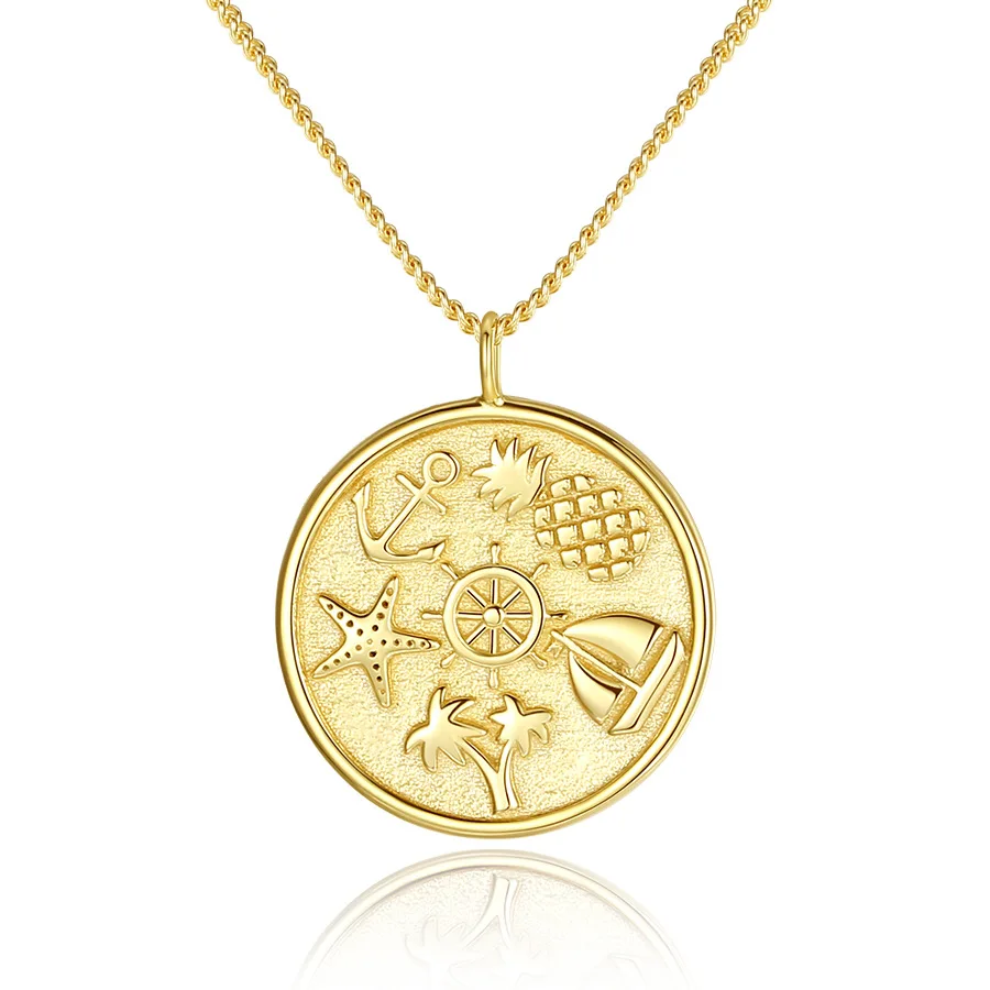 Sterling silver 925 embossment anchor pineapple starfish palm tree sailboat pendant coin charm ocean Medallion necklace