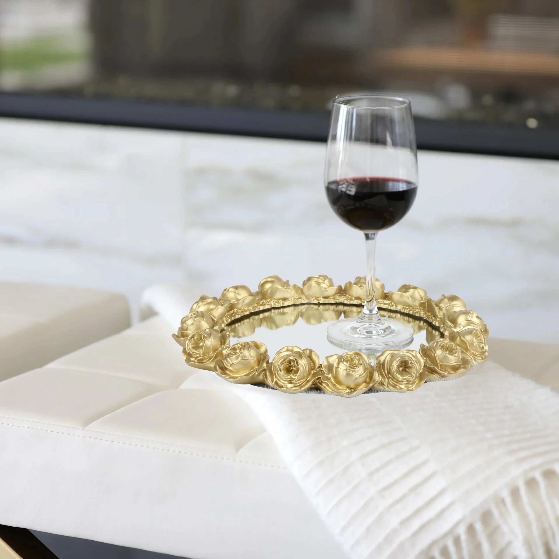 Nordic style round retro carved gold mirror tea fruit dessert coffee dessert table storage tray