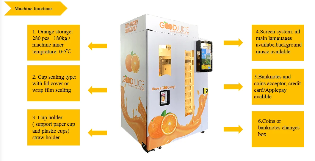 24 hours unattend automatic fresh orange juice automatic vending machine for any location