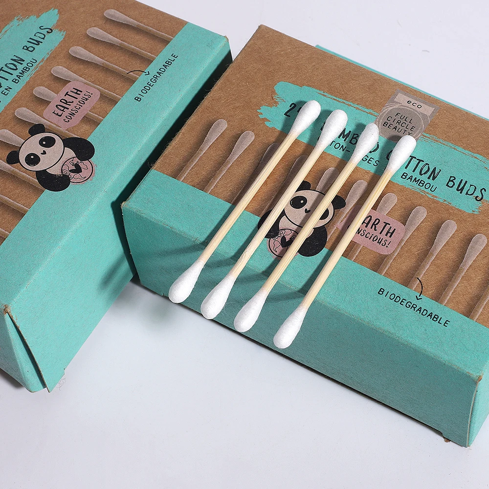 
250PCS 100% Disposable Ear Cleaning Bamboo Stick Cotton Swabs Eco Friendly Cotton Bud In Square Kraft Paper Box 