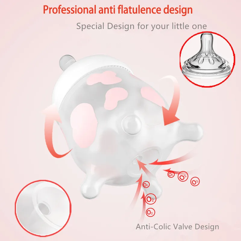 180ml Cute Cow Silicone Imitating Breast Milk Anti-choking Baby Feeding Supplies Anti-colic Gift New Baby Feeding Bottle