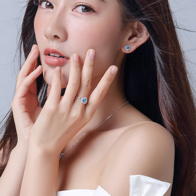 
Wholesale Natural Sapphire Earrings Love Heart Pendant Zircon Engagement Ring 18K Gold Plated Ladies Set Jewelry 