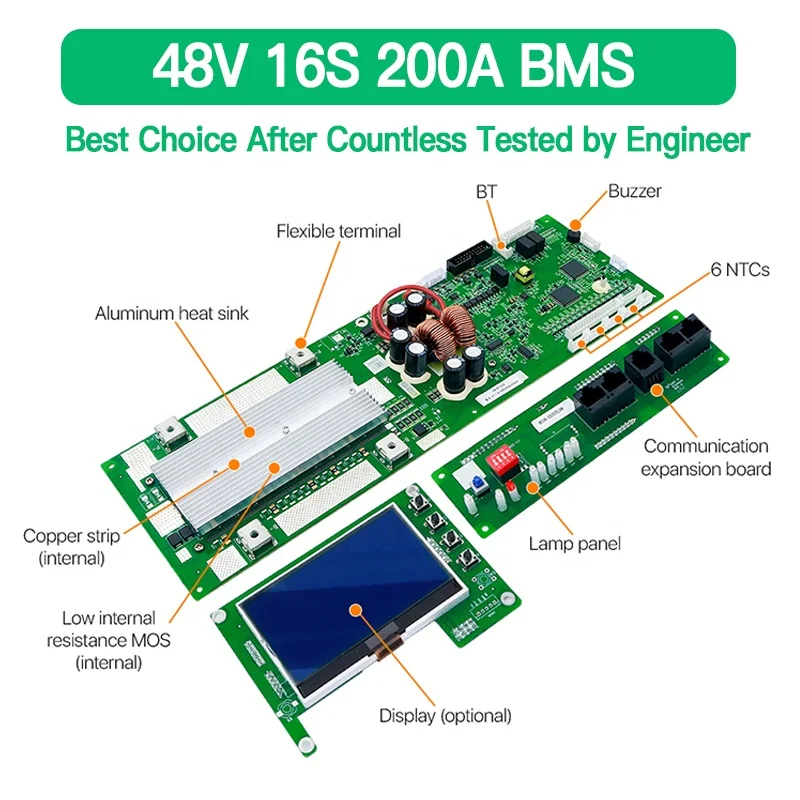 Smart LFP BMS with WiFi BT 15S 16S 48V Solar System Storage 51.2V 100A 200A Lithium Lifepo4 Battery BMS For DIY