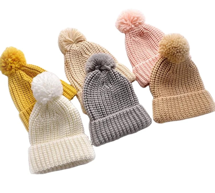 Winter Newborn Baby Knit Hat Toddler Boy Ball Thick Warm Cute Solid Color Hat Super Soft Wool 1-5Years Beanie
