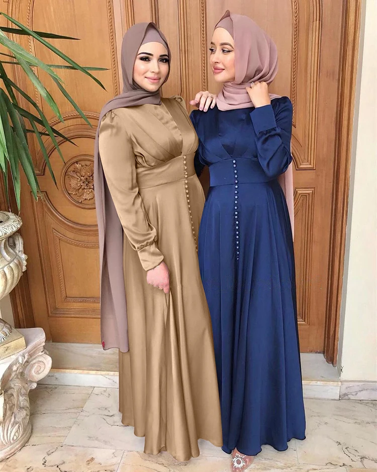 High Quality Modest Clothing Islamic Dress Solid Color Elegant Beaded Satin Muslim Women Dress