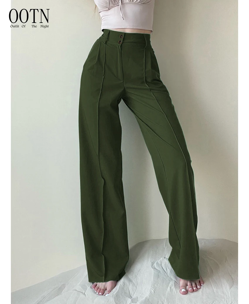 OOTN Pleated Loose Floor-Length Pants Button Office Lady Palazzo Trousers Green Winter  Vintage High Waist Women Trousers