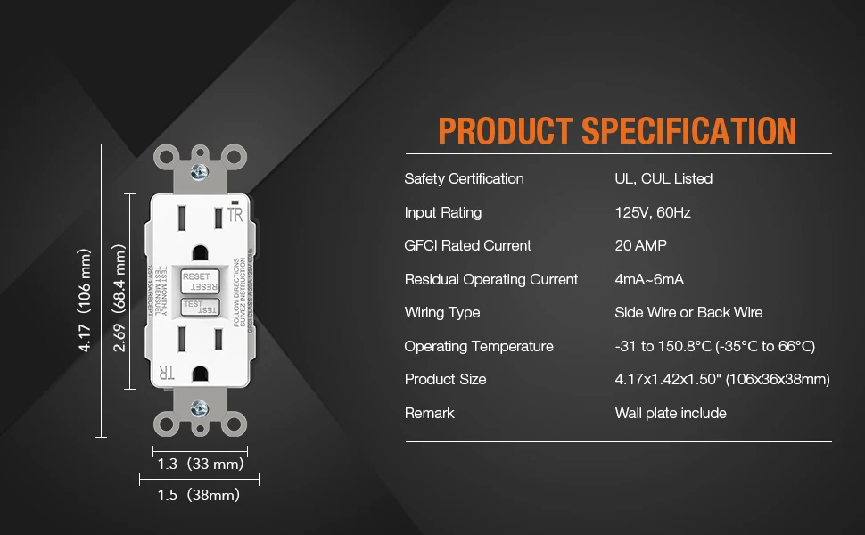 125V Tamper-Resistant GFCI Outlet Self-Test GFCI Wall Switch Plug 15A GFCI Receptacle