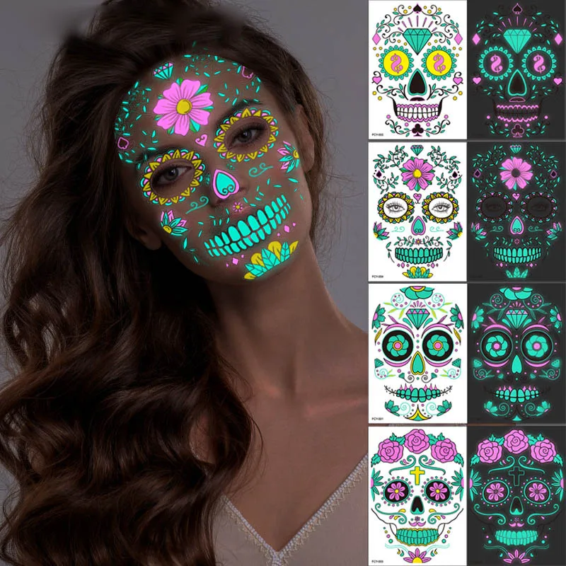 New Products Luminous Halloween Tattoo Face Skeleton For Halloween Decorations Party Carnival Party