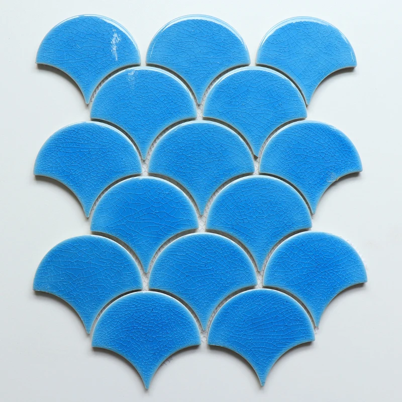 2022 New design Mosaic Wall Tile And Floor Tile  Fan Shape Scallop Sky Blue Color Glazed Ice Cracked Porcelain Mosaic Tile