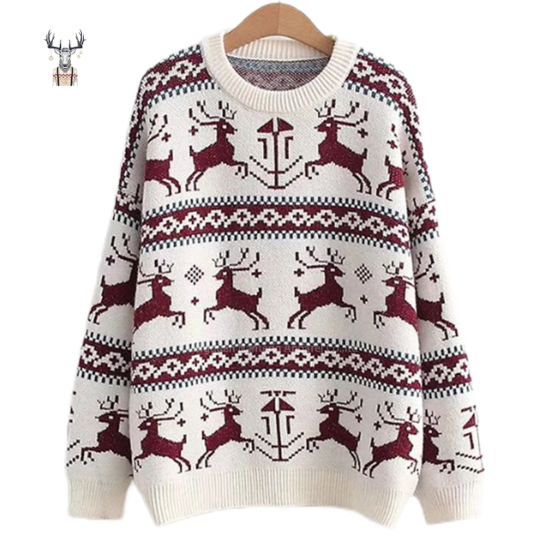 Nanteng Custom Winter Rib Knit Elk And Hearts Jacquard Pattern White Graphic Woman Pullover Christmas Sweater