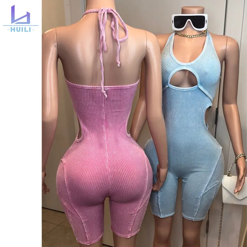 Huili Manufacturer 2024 New Arrivals Stretch Ribbed Knit One Piece Tight Jumpsuits Sleeveless Sexy Backless Bodysuits For Women