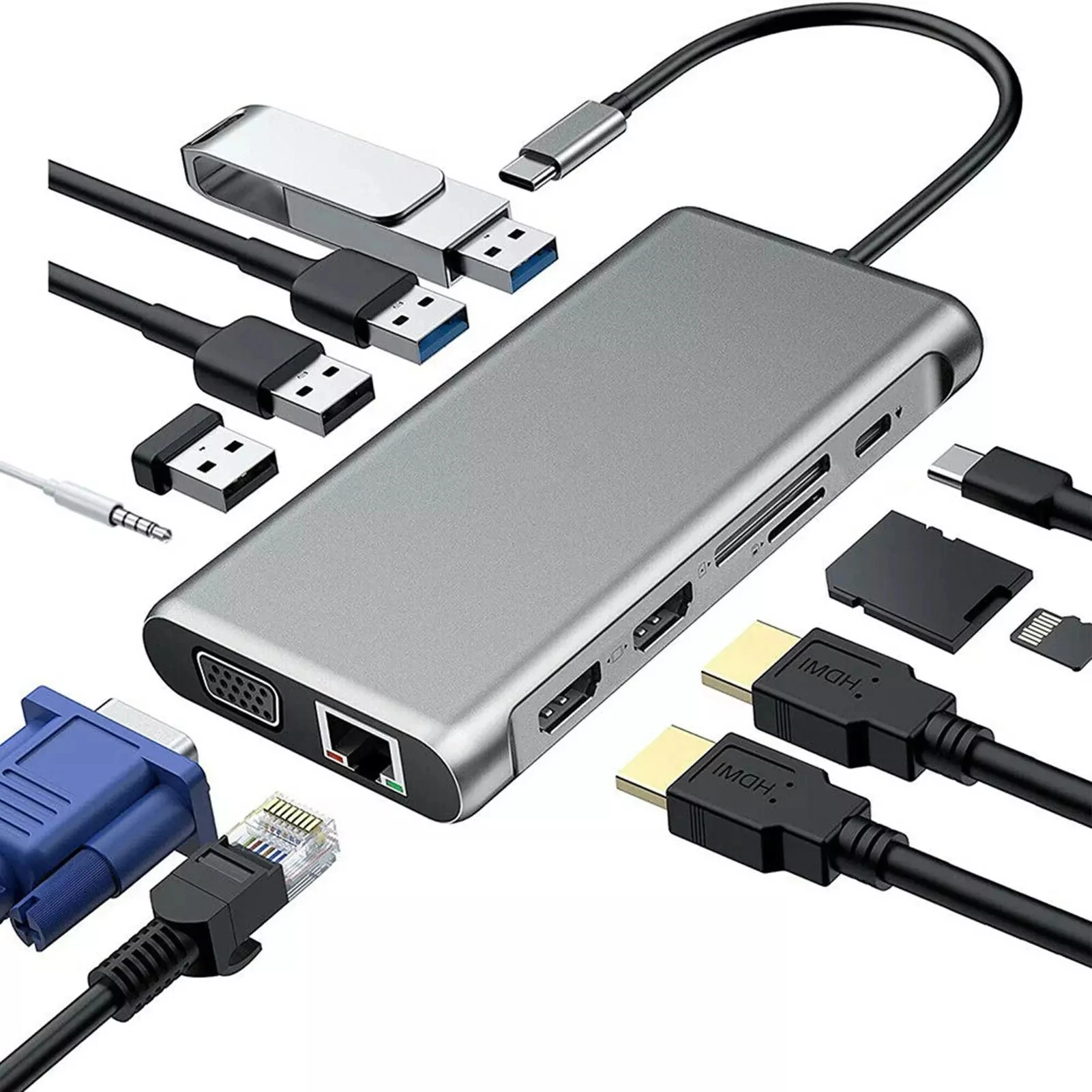 12-in-1 USB C Hub with PD 100w Fast Charger Adapter and RJ45 Ethernet Audio SD TF Card Reader For Macbook pro Type C Docking Sta