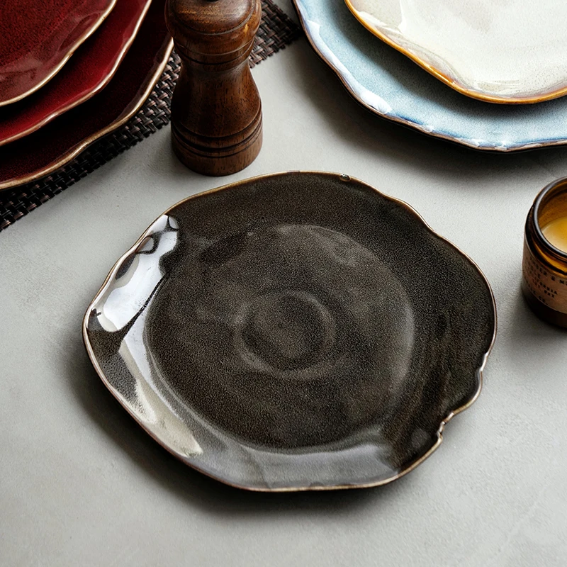 Handmade Rustic Glazed Ceramic Irregular Square Reactive Tableware Dishes Plates Restaurant Porcelain Dinner Food Serving Plates